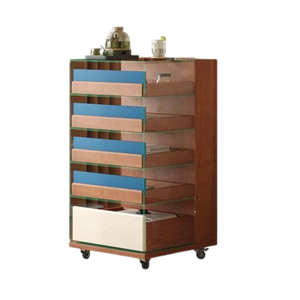 LIVARA 8813 Solid Wood Storage Cabinet, Rubberwood with Cherry Veneer, 12mm Transparent Glass Frame, 5 Colourful Drawers, Silent Casters - Wood and Blue