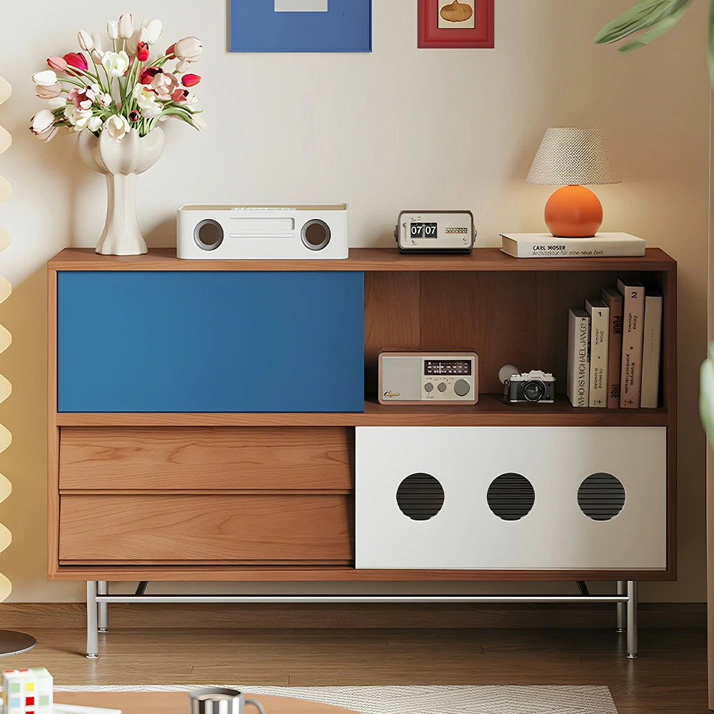 LIVARA 8815 Solid Wood Storage Cabinet, Dual Sliding Doors, Rubberwood with Cherry Veneer, Soft-Close Drawers, Stainless Steel Legs, Spacious Design - Wood and Blue