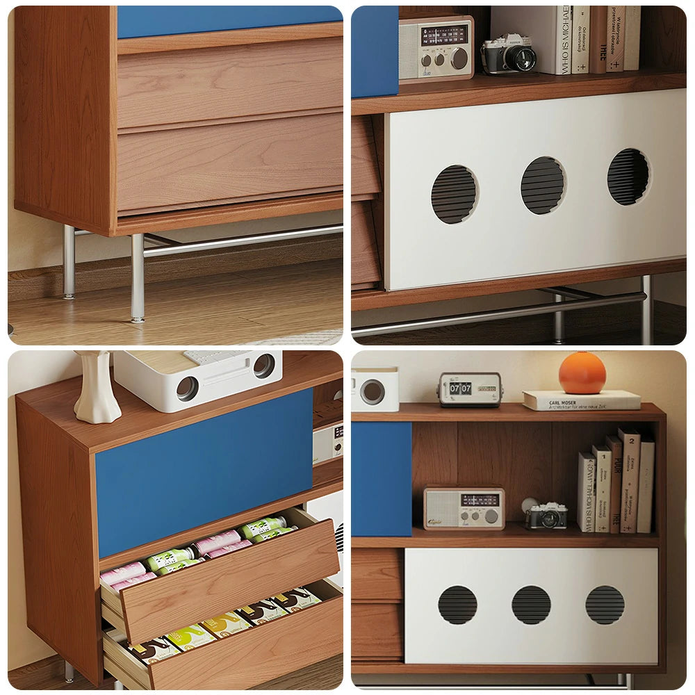 LIVARA 8815 Solid Wood Storage Cabinet, Dual Sliding Doors, Rubberwood with Cherry Veneer, Soft-Close Drawers, Stainless Steel Legs, Spacious Design - Wood and Blue