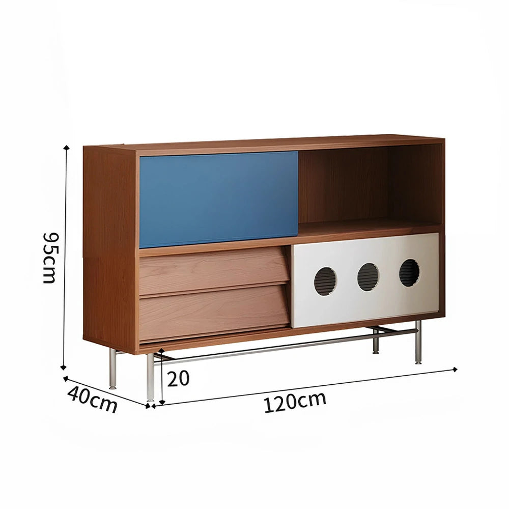 LIVARA 8815 Solid Wood Storage Cabinet, Dual Sliding Doors, Rubberwood with Cherry Veneer, Soft-Close Drawers, Stainless Steel Legs, Spacious Design - Wood and Blue