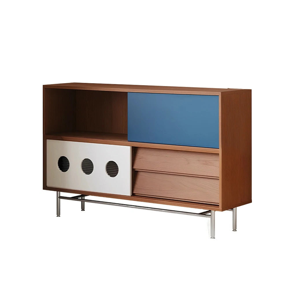 LIVARA 8815 Solid Wood Storage Cabinet, Dual Sliding Doors, Rubberwood with Cherry Veneer, Soft-Close Drawers, Stainless Steel Legs, Spacious Design - Wood and Blue