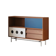 LIVARA 8815 Solid Wood Storage Cabinet, Dual Sliding Doors, Rubberwood with Cherry Veneer, Soft-Close Drawers, Stainless Steel Legs, Spacious Design - Wood and Blue