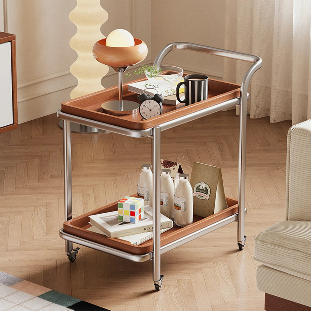 LIVARA 8816 Solid Wood Trolley, 304 Stainless Steel Frame, Cherry Veneer, Two-Tier Design, Silent Swivel Casters - Wood