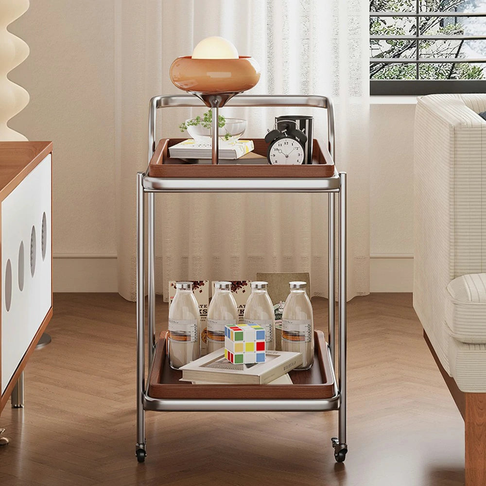 LIVARA 8816 Solid Wood Trolley, 304 Stainless Steel Frame, Cherry Veneer, Two-Tier Design, Silent Swivel Casters - Wood