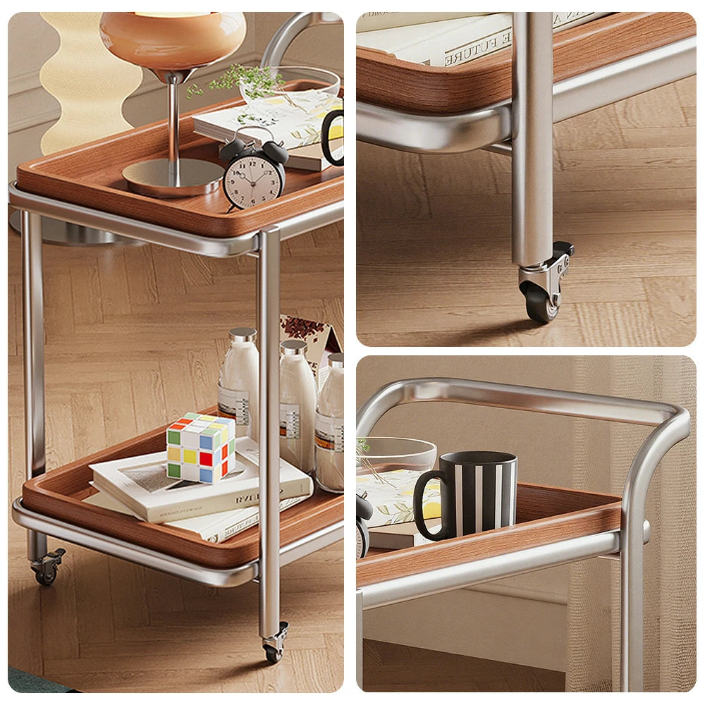 LIVARA 8816 Solid Wood Trolley, 304 Stainless Steel Frame, Cherry Veneer, Two-Tier Design, Silent Swivel Casters - Wood