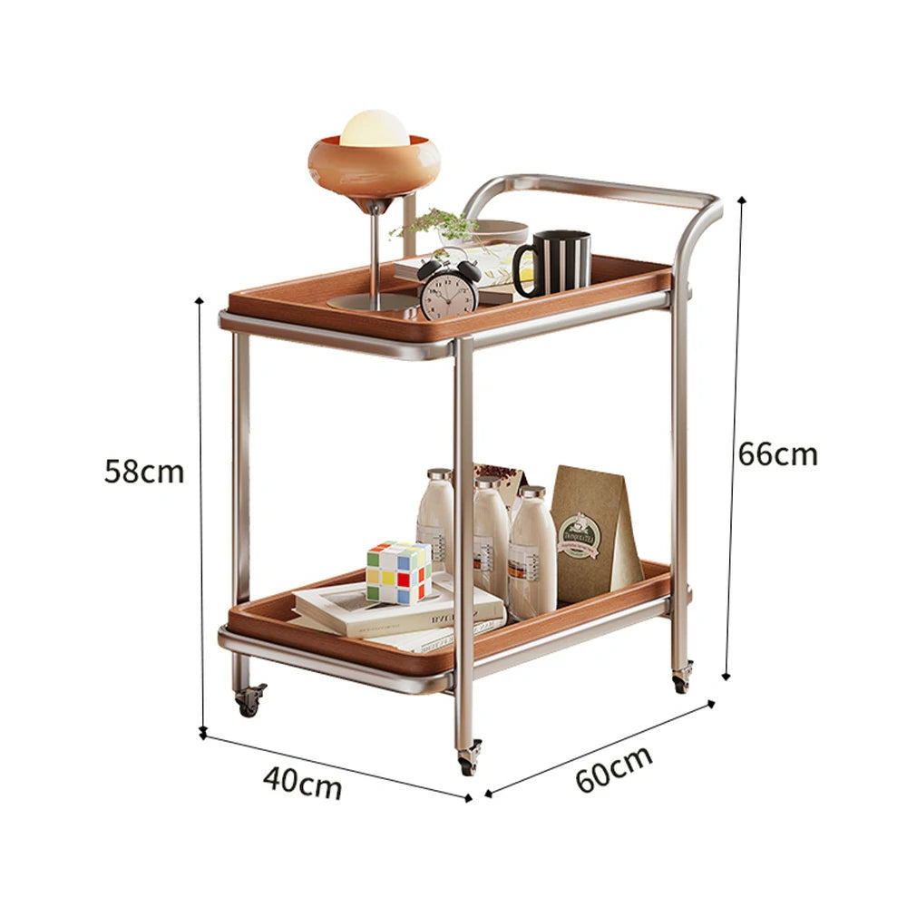 LIVARA 8816 Solid Wood Trolley, 304 Stainless Steel Frame, Cherry Veneer, Two-Tier Design, Silent Swivel Casters - Wood
