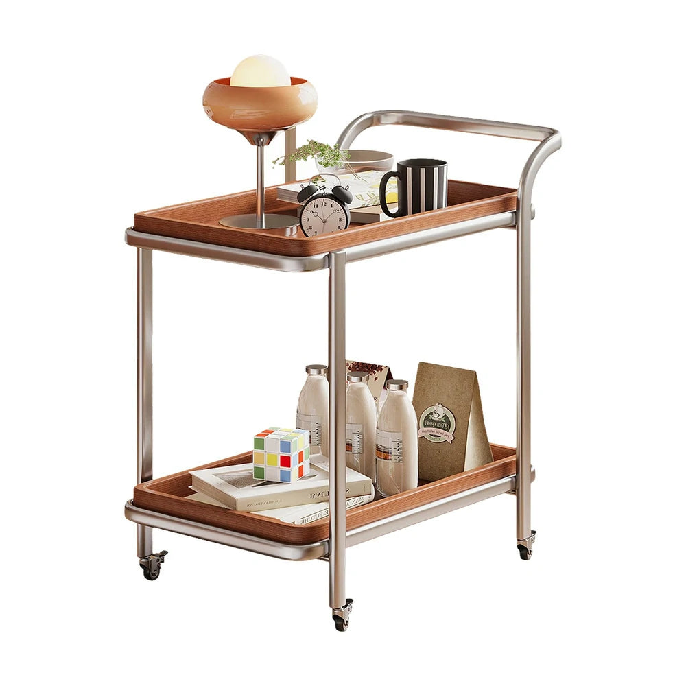 LIVARA 8816 Solid Wood Trolley, 304 Stainless Steel Frame, Cherry Veneer, Two-Tier Design, Silent Swivel Casters - Wood
