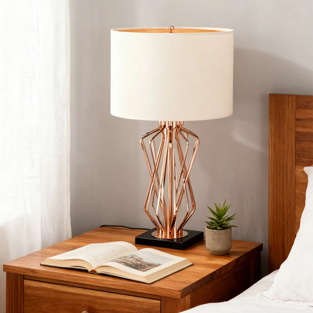 LIVARA Table Lamp Electroplated Metal Frame Fabric Shade Natural Marble Base Elegant & Versatile Design - White