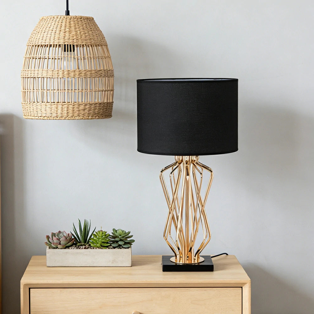 LIVARA Table Lamp Electroplated Metal Frame Fabric Shade Natural Marble Base Elegant & Versatile Design - Black