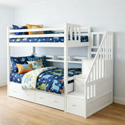LIVARA Solid Wood Bunk Bed - Twin Over Twin Design with Storage Drawers, Built-in Staircase & Safety Guardrails for Kids Bedroom - White