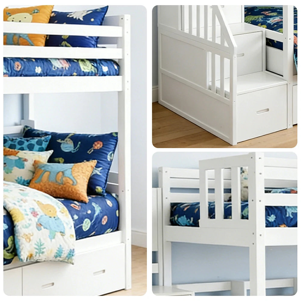 LIVARA Solid Wood Bunk Bed - Twin Over Twin Design with Storage Drawers, Built-in Staircase & Safety Guardrails for Kids Bedroom - White