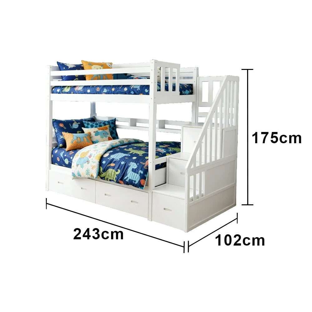 LIVARA Solid Wood Bunk Bed - Twin Over Twin Design with Storage Drawers, Built-in Staircase & Safety Guardrails for Kids Bedroom - White
