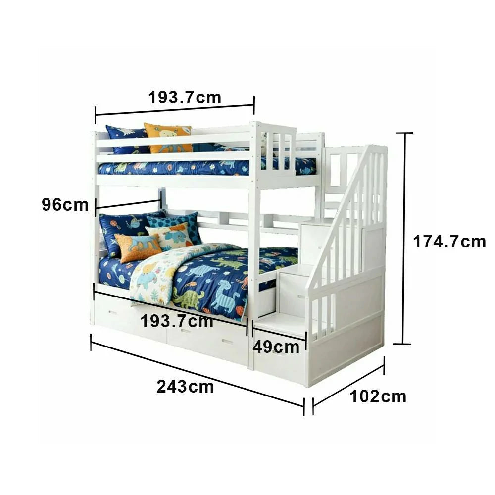 LIVARA Solid Wood Bunk Bed - Twin Over Twin Design with Storage Drawers, Built-in Staircase & Safety Guardrails for Kids Bedroom - White