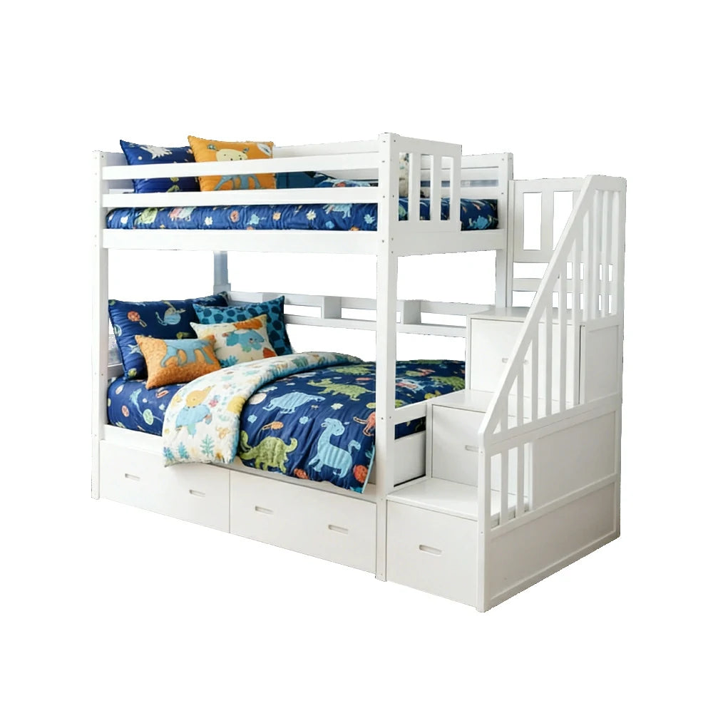 LIVARA Solid Wood Bunk Bed - Twin Over Twin Design with Storage Drawers, Built-in Staircase & Safety Guardrails for Kids Bedroom - White