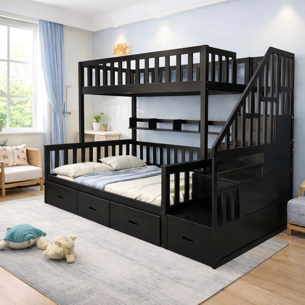 LIVARA Double Over Double Bunk Bed Frame, Solid Pine Timber Construction, Safety Guardrails, Large Storage Drawers & Shelves - Black