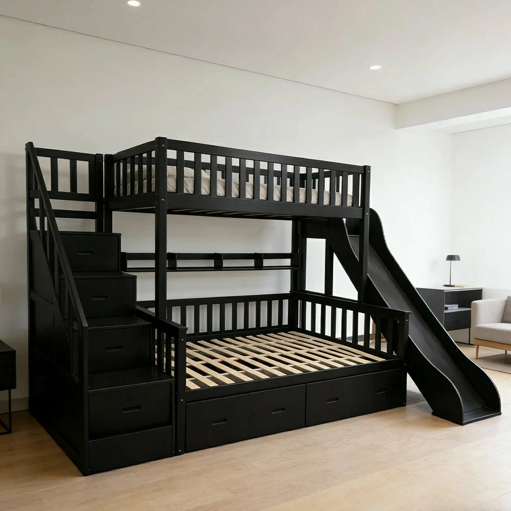 LIVARA Double Over Double Bunk Bed Frame, Solid Pine Timber Construction, Safety Guardrails, Large Storage Drawers & Shelves - Black