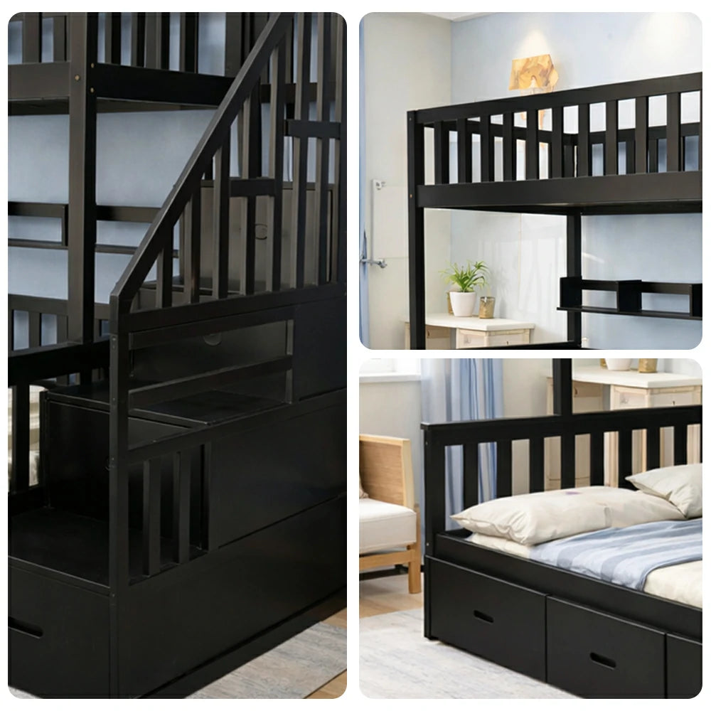 LIVARA Double Over Double Bunk Bed Frame, Solid Pine Timber Construction, Safety Guardrails, Large Storage Drawers & Shelves - Black