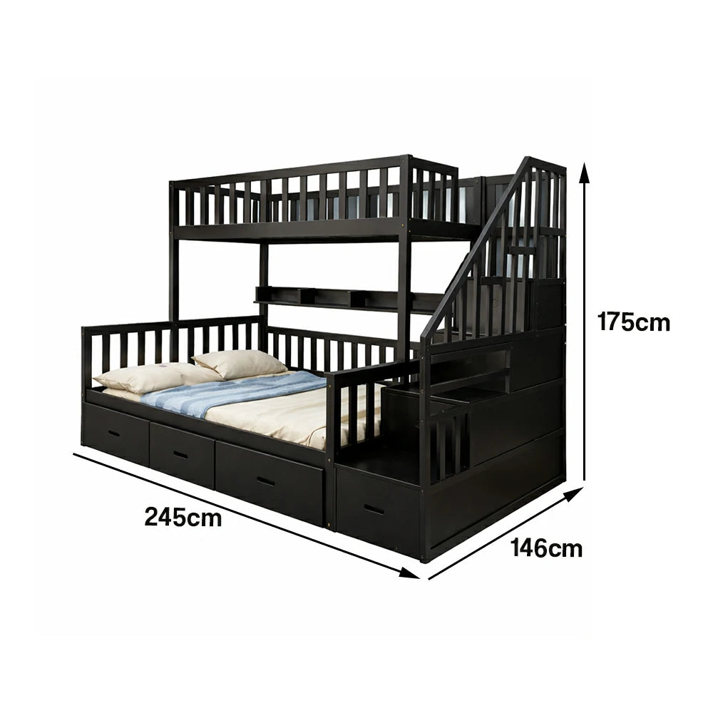 LIVARA Double Over Double Bunk Bed Frame, Solid Pine Timber Construction, Safety Guardrails, Large Storage Drawers & Shelves - Black