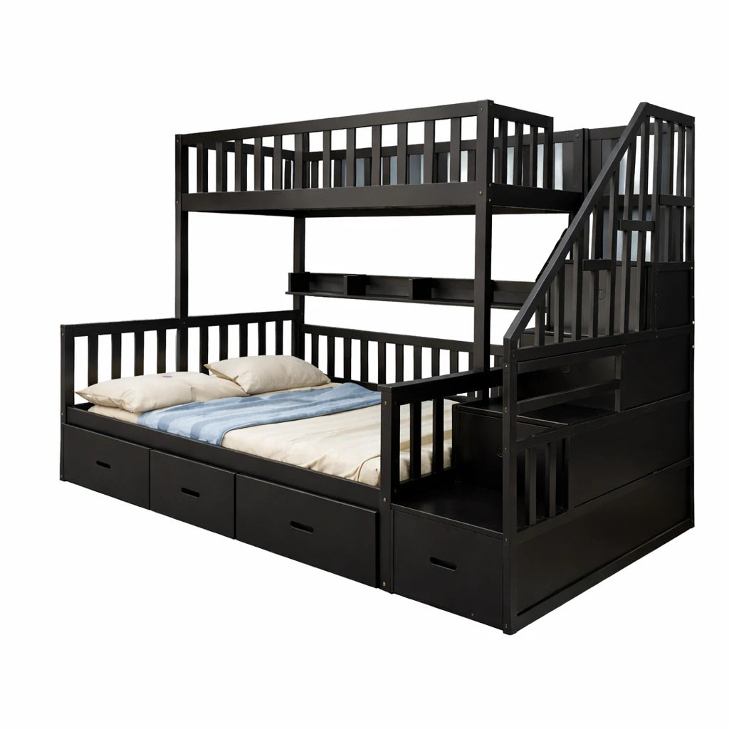 LIVARA Double Over Double Bunk Bed Frame, Solid Pine Timber Construction, Safety Guardrails, Large Storage Drawers & Shelves - Black