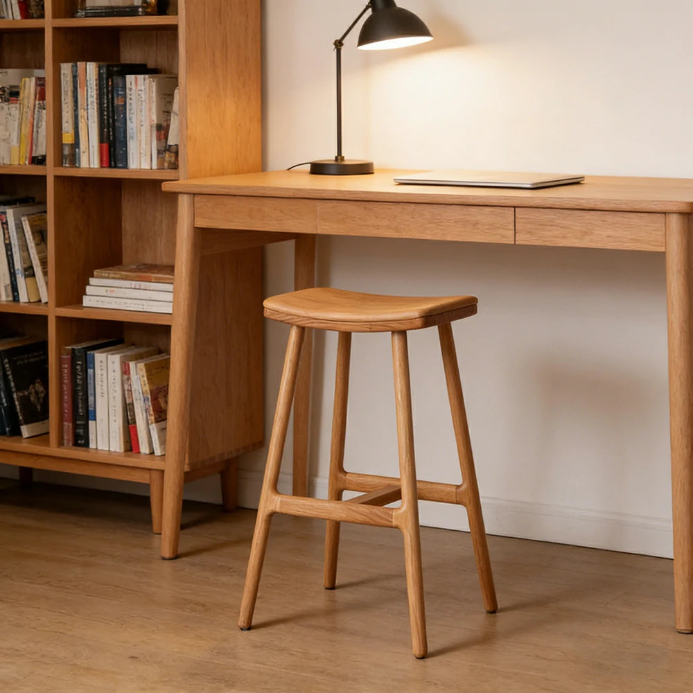 LIVARA Solid Wood Bar Stool - Ergonomic Saddle Seat, Reinforced Triangular Frame, Natural Timber Grain, Built-in Footrest Support - Wood