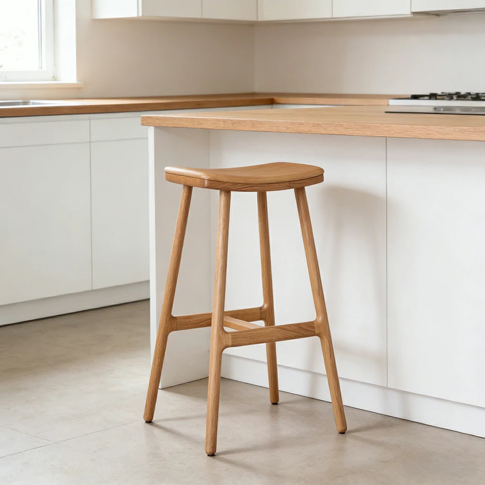 LIVARA Solid Wood Bar Stool - Ergonomic Saddle Seat, Reinforced Triangular Frame, Natural Timber Grain, Built-in Footrest Support - Wood
