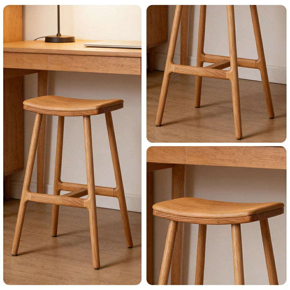 LIVARA Solid Wood Bar Stool - Ergonomic Saddle Seat, Reinforced Triangular Frame, Natural Timber Grain, Built-in Footrest Support - Wood