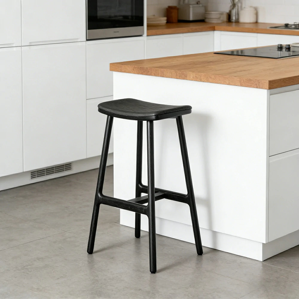 LIVARA Solid Wood Bar Stool - Ergonomic Saddle Seat, Reinforced Triangular Frame, Natural Timber Grain, Built-in Footrest Support - Black