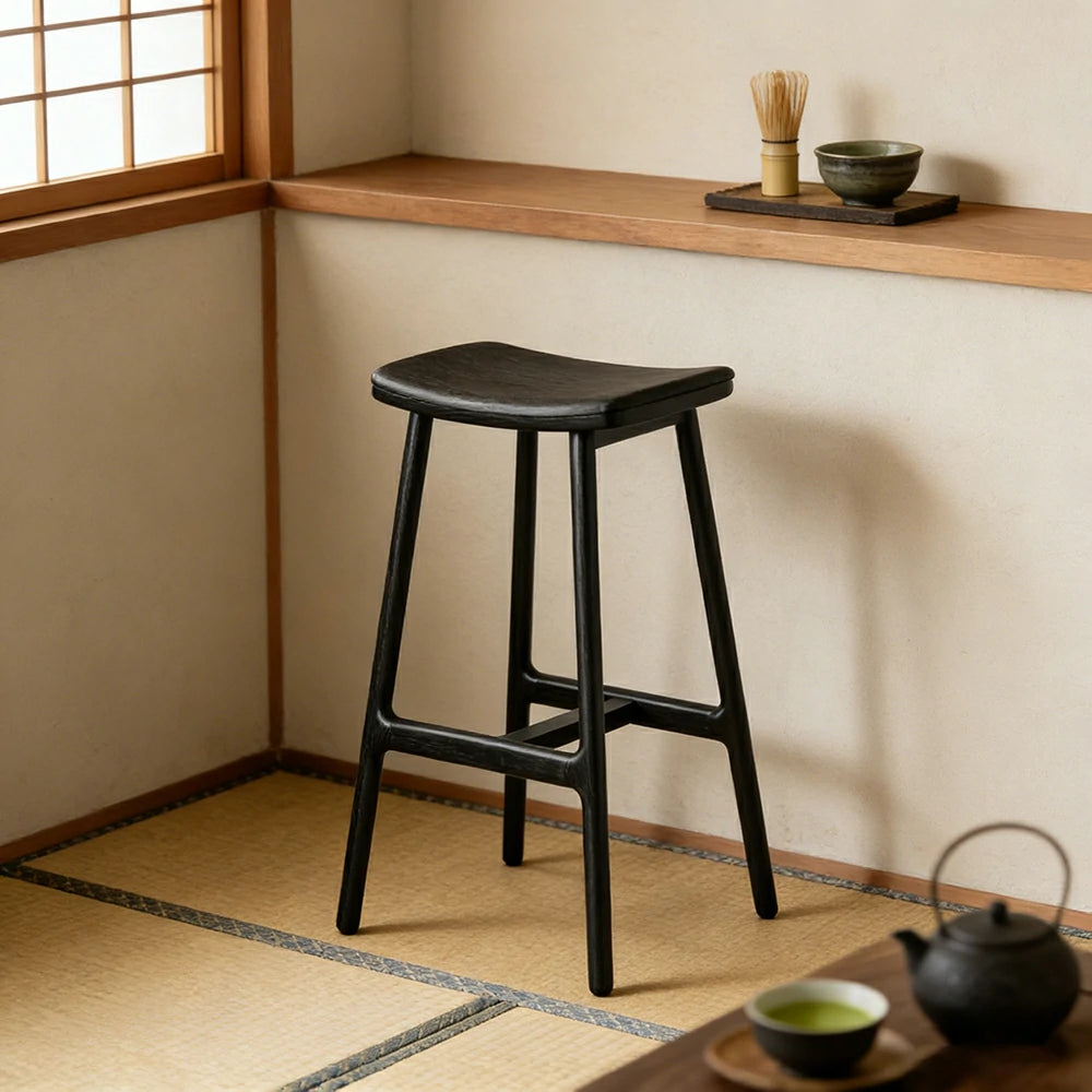 LIVARA Solid Wood Bar Stool - Ergonomic Saddle Seat, Reinforced Triangular Frame, Natural Timber Grain, Built-in Footrest Support - Black