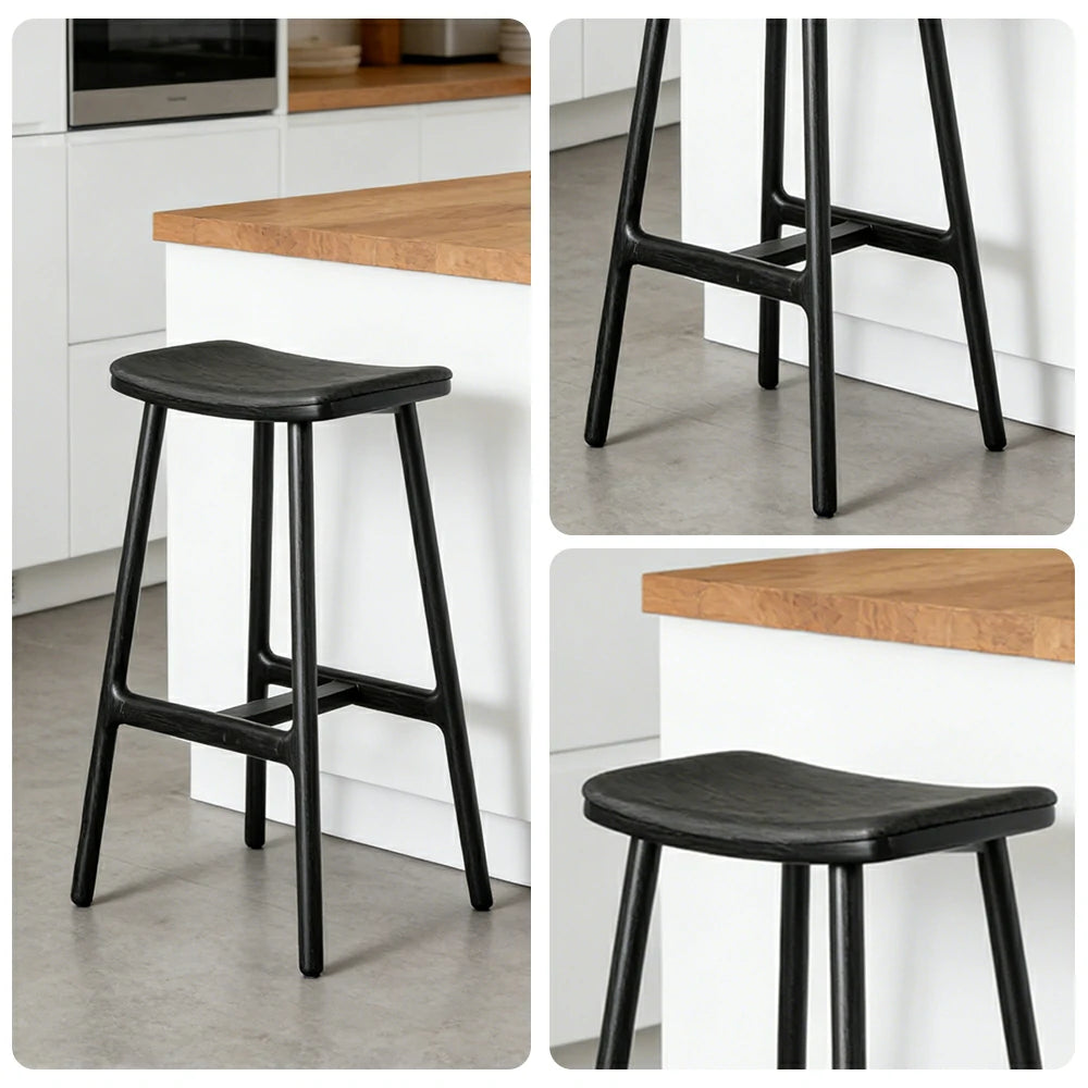 LIVARA Solid Wood Bar Stool - Ergonomic Saddle Seat, Reinforced Triangular Frame, Natural Timber Grain, Built-in Footrest Support - Black