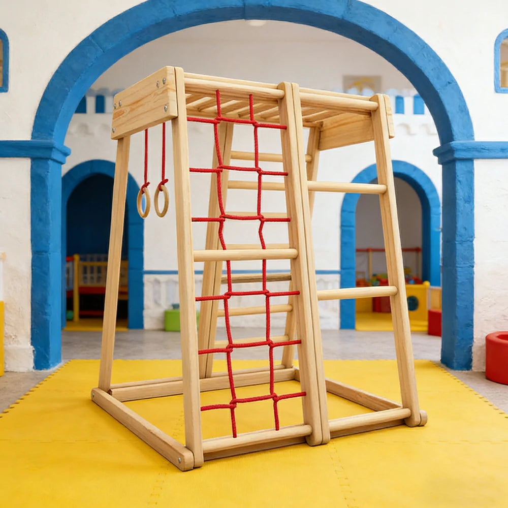 LIVARA Kids Climbing Frame, Rounded Safety Design, Solid Wood Structure, Durable Nylon Rope, Multi-Activity Play