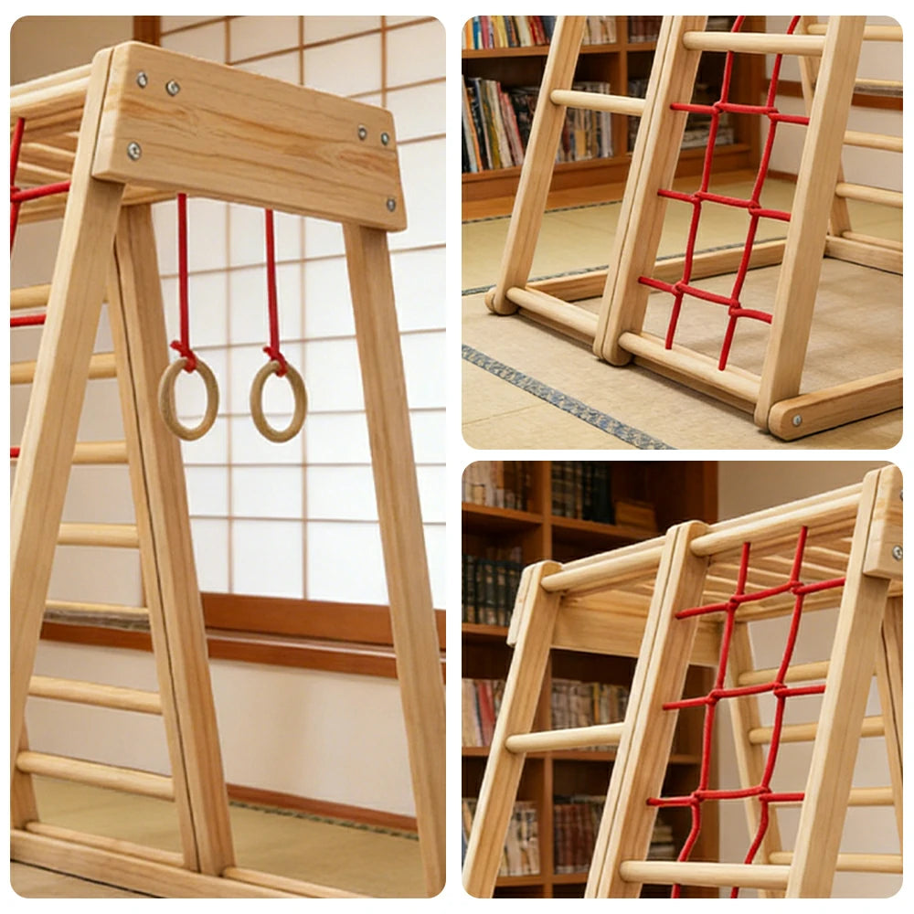 LIVARA Kids Climbing Frame, Rounded Safety Design, Solid Wood Structure, Durable Nylon Rope, Multi-Activity Play