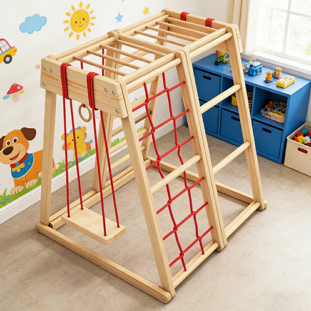 LIVARA Kids Climbing Frame with Swing, Rounded Safety Design, Solid Wood Structure, Durable Nylon Rope, Multi-Activity Play