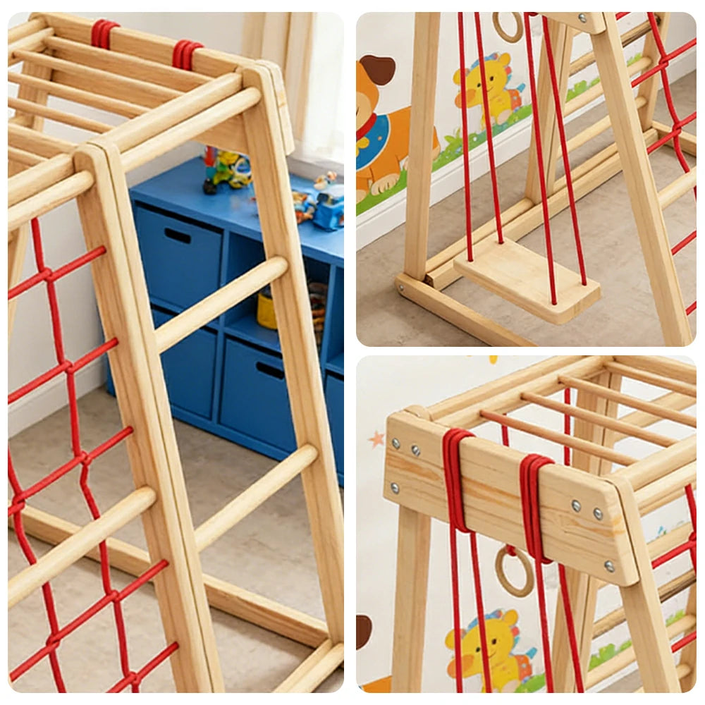 LIVARA Kids Climbing Frame with Swing, Rounded Safety Design, Solid Wood Structure, Durable Nylon Rope, Multi-Activity Play