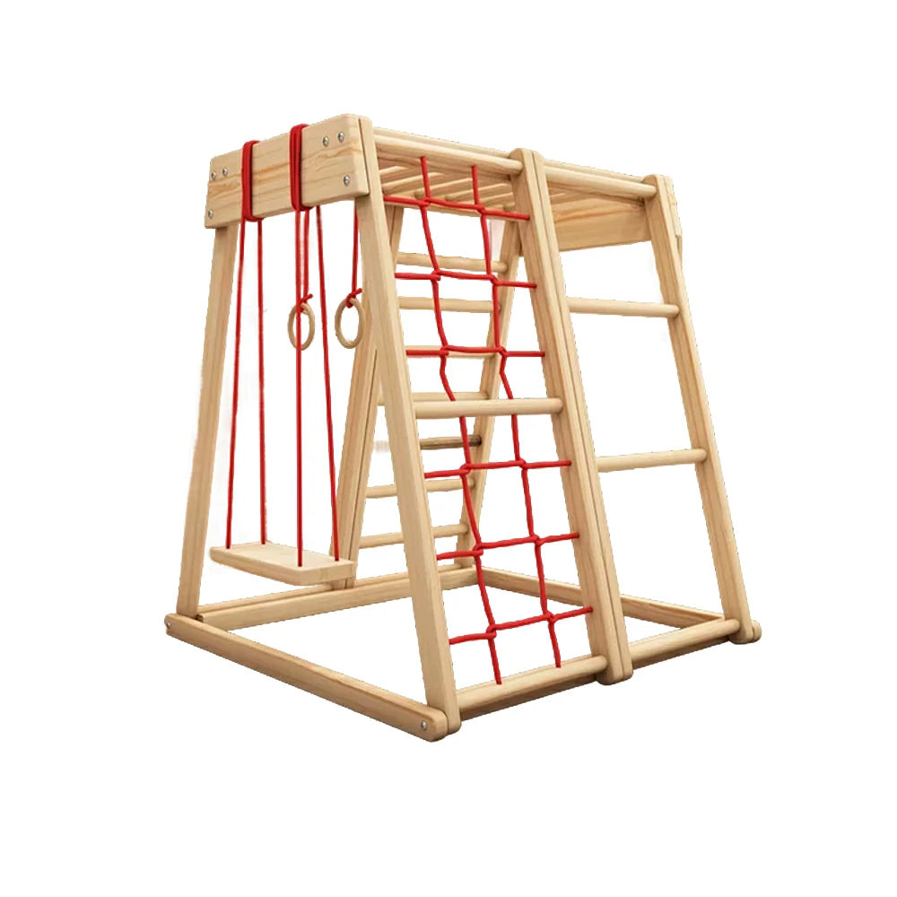 LIVARA Kids Climbing Frame with Swing, Rounded Safety Design, Solid Wood Structure, Durable Nylon Rope, Multi-Activity Play