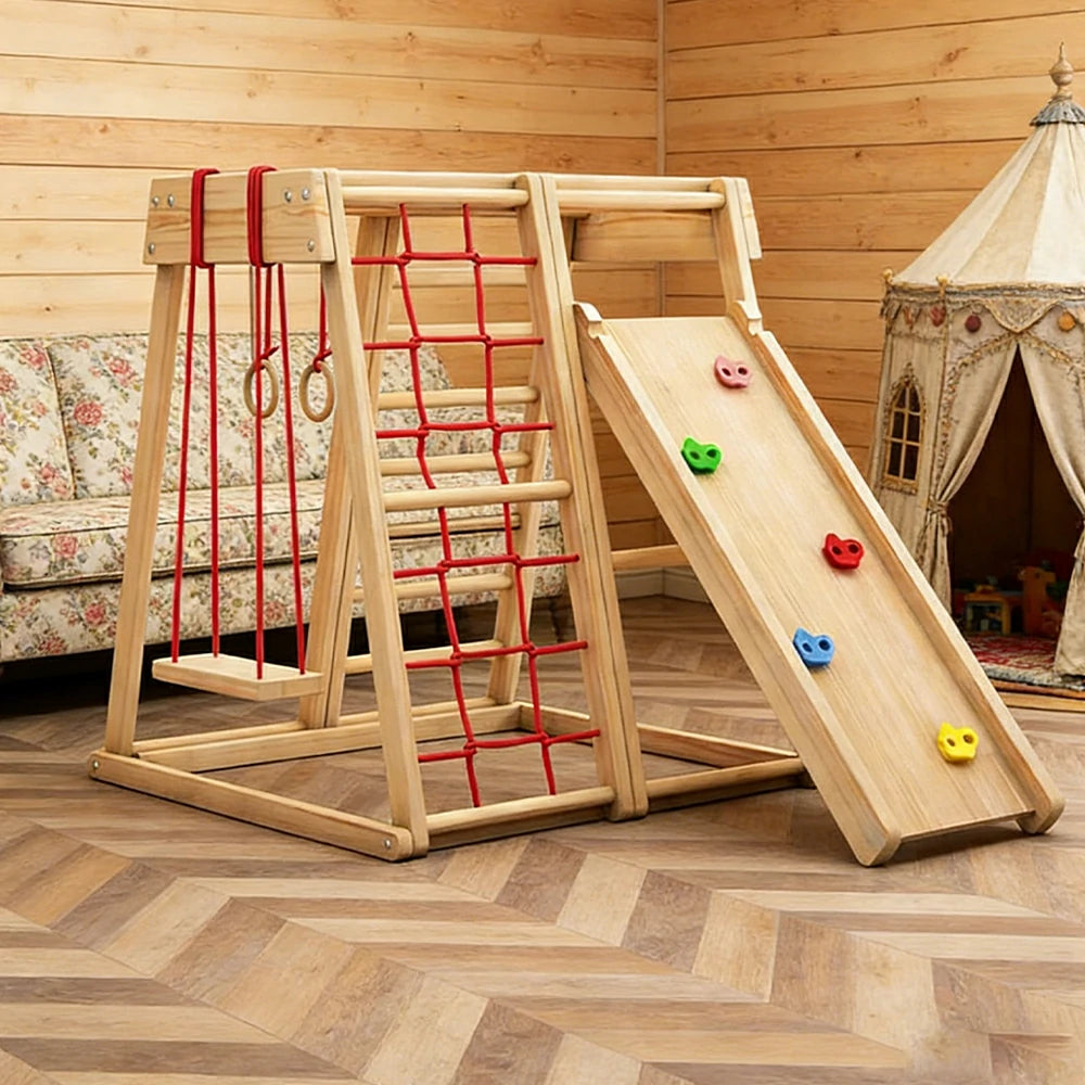 LIVARA Kids Climbing Frame with Swing & Double-Sided Slide, Rounded Safety Design, Solid Wood Structure, Multi-Activity Play