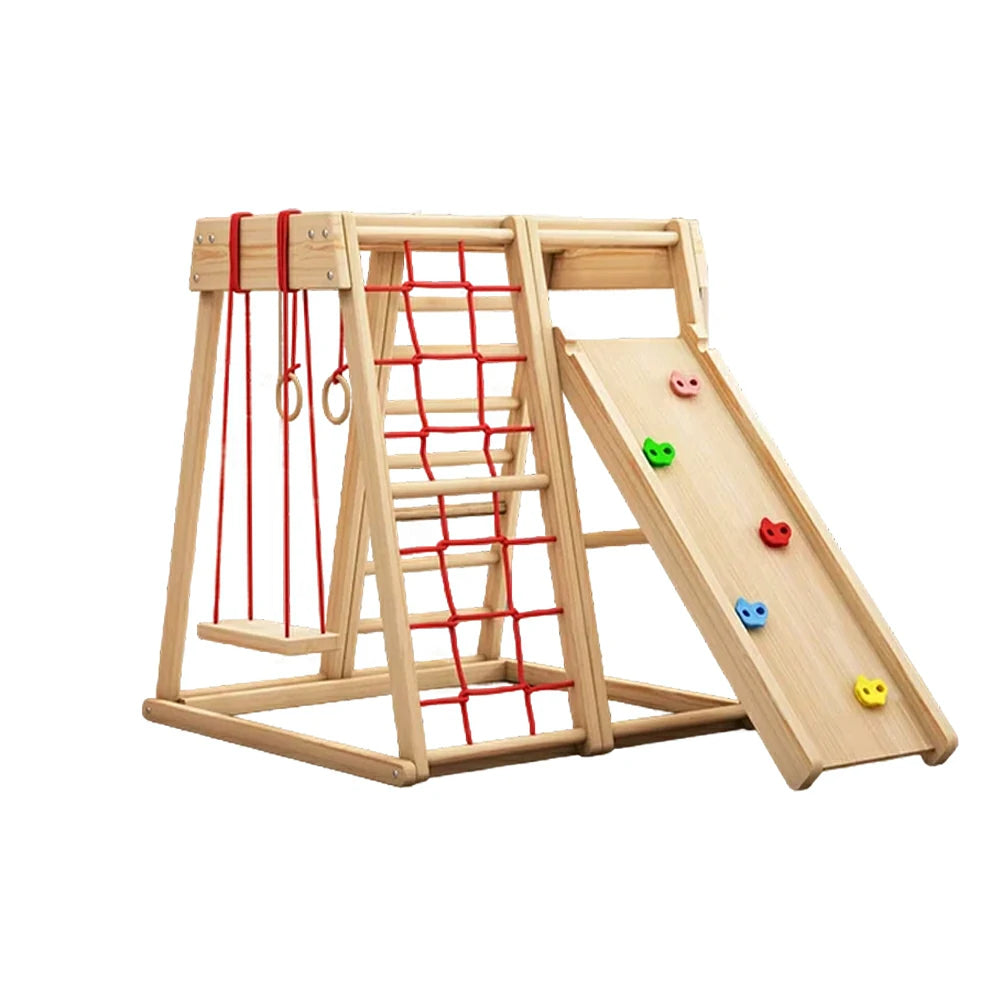 LIVARA Kids Climbing Frame with Swing & Double-Sided Slide, Rounded Safety Design, Solid Wood Structure, Multi-Activity Play