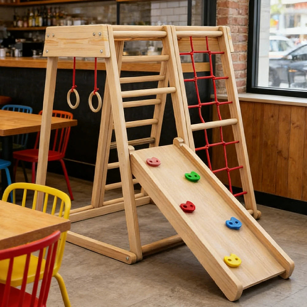 LIVARA Kids Climbing Frame with Double-Sided Slide, Rounded Safety Design, Solid Wood Structure, Multi-Activity Play