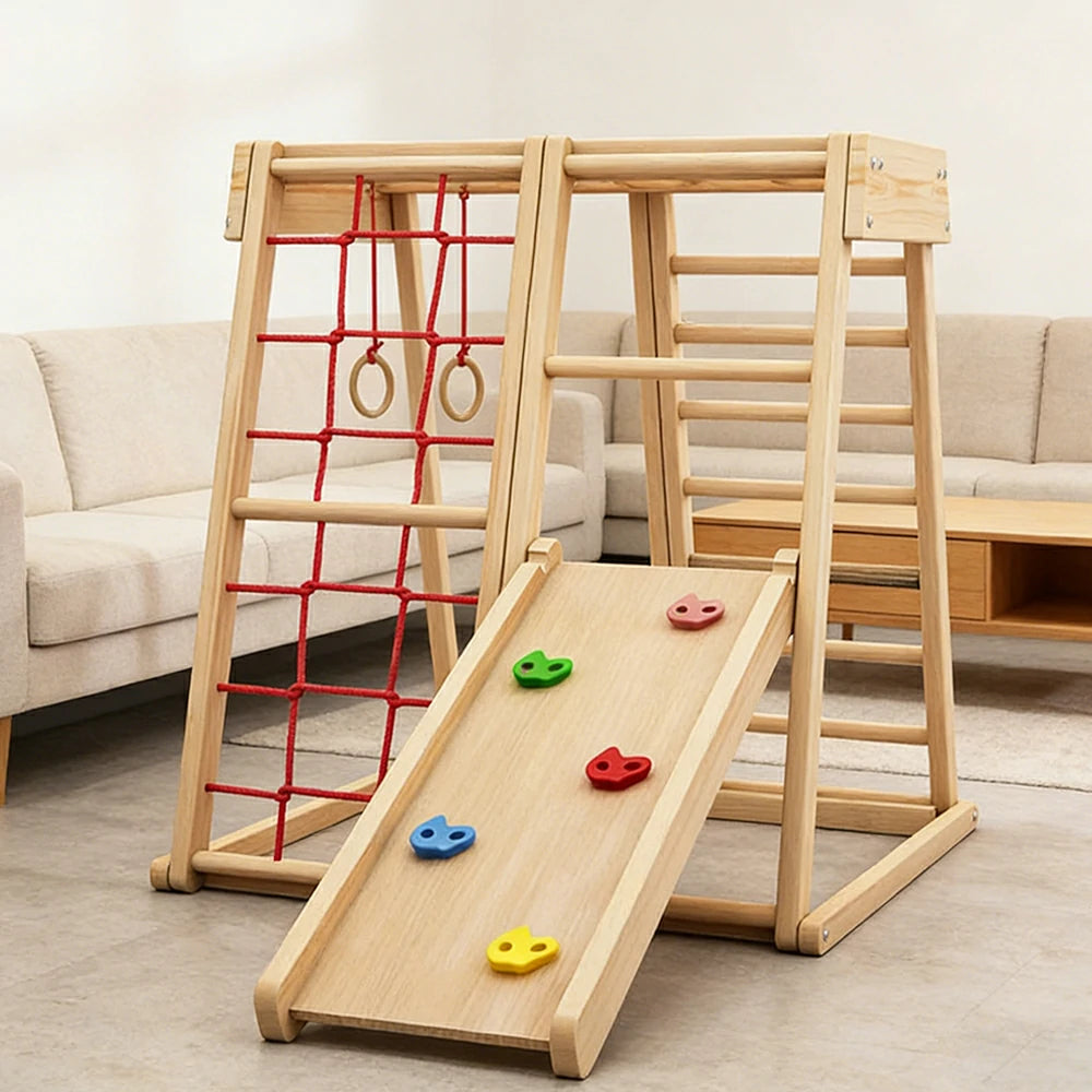 LIVARA Kids Climbing Frame with Double-Sided Slide, Rounded Safety Design, Solid Wood Structure, Multi-Activity Play
