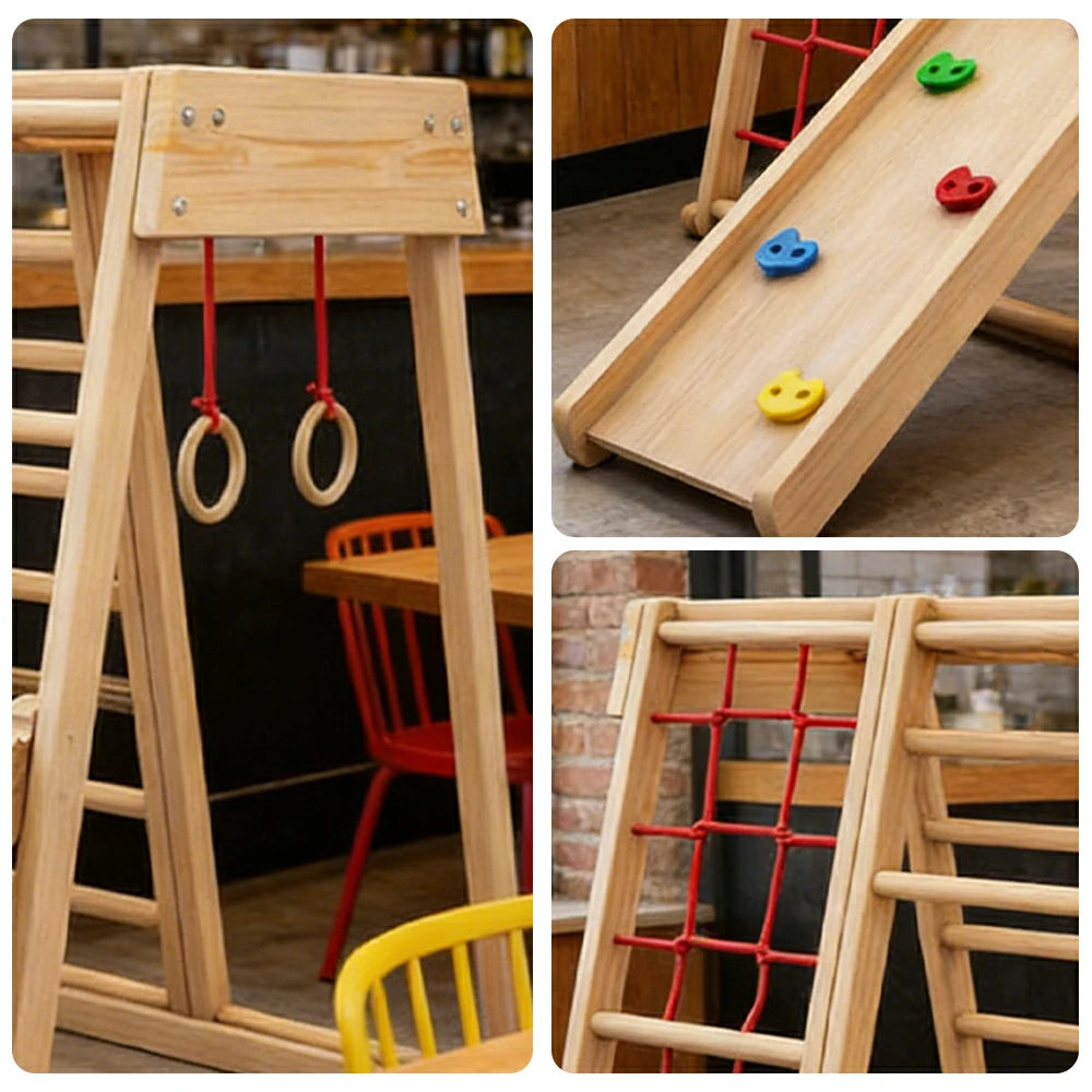 LIVARA Kids Climbing Frame with Double-Sided Slide, Rounded Safety Design, Solid Wood Structure, Multi-Activity Play
