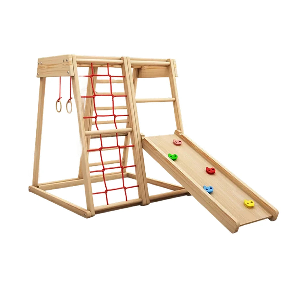 LIVARA Kids Climbing Frame with Double-Sided Slide, Rounded Safety Design, Solid Wood Structure, Multi-Activity Play