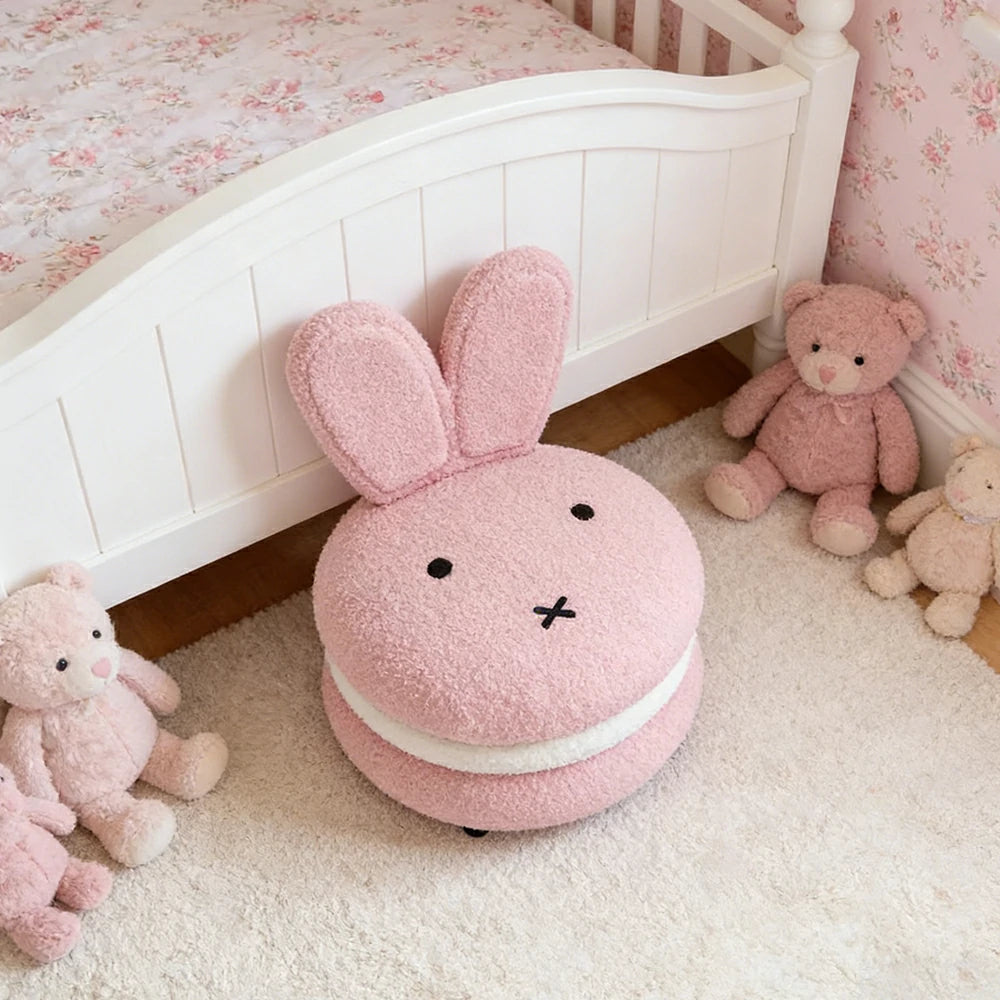 LIVARA Bunny-Shaped Sherpa Upholstered Stool, High-Resilience Foam Cushion, Solid Wood Frame, Wide Comfort Seat - Pink