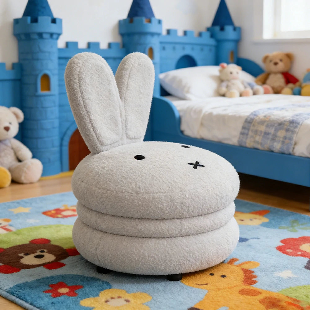 LIVARA Bunny-Shaped Sherpa Upholstered Stool, High-Resilience Foam Cushion, Solid Wood Frame, Wide Comfort Seat - White