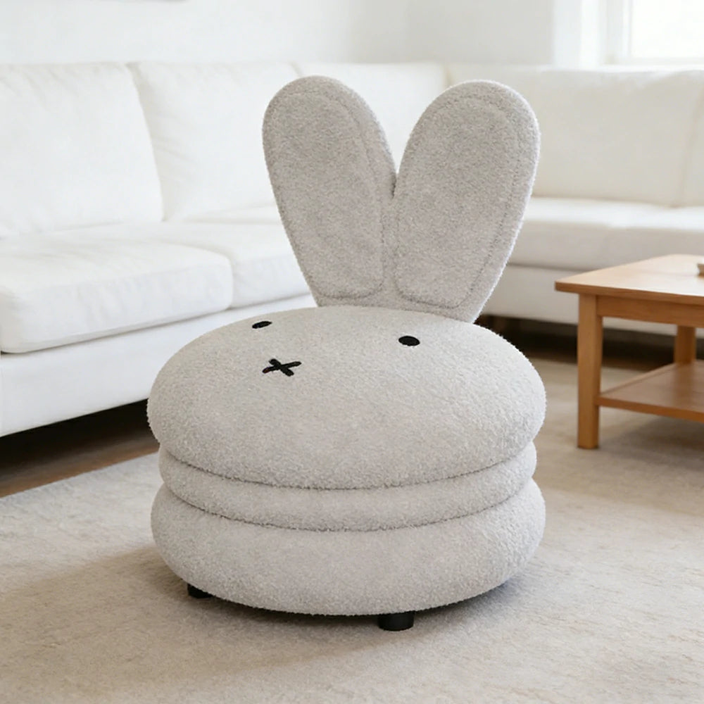 LIVARA Bunny-Shaped Sherpa Upholstered Stool, High-Resilience Foam Cushion, Solid Wood Frame, Wide Comfort Seat - White
