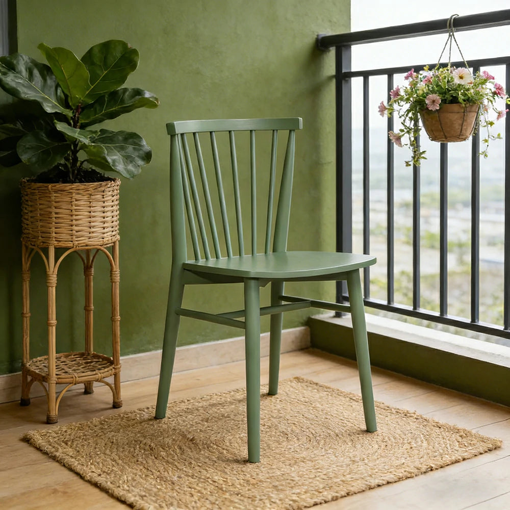 LIVARA Nordic Solid Wood Dining Chair - Ergonomic Slat Back with Reinforced Frame & Stable Legs, Minimalist Kitchen Seat - Green