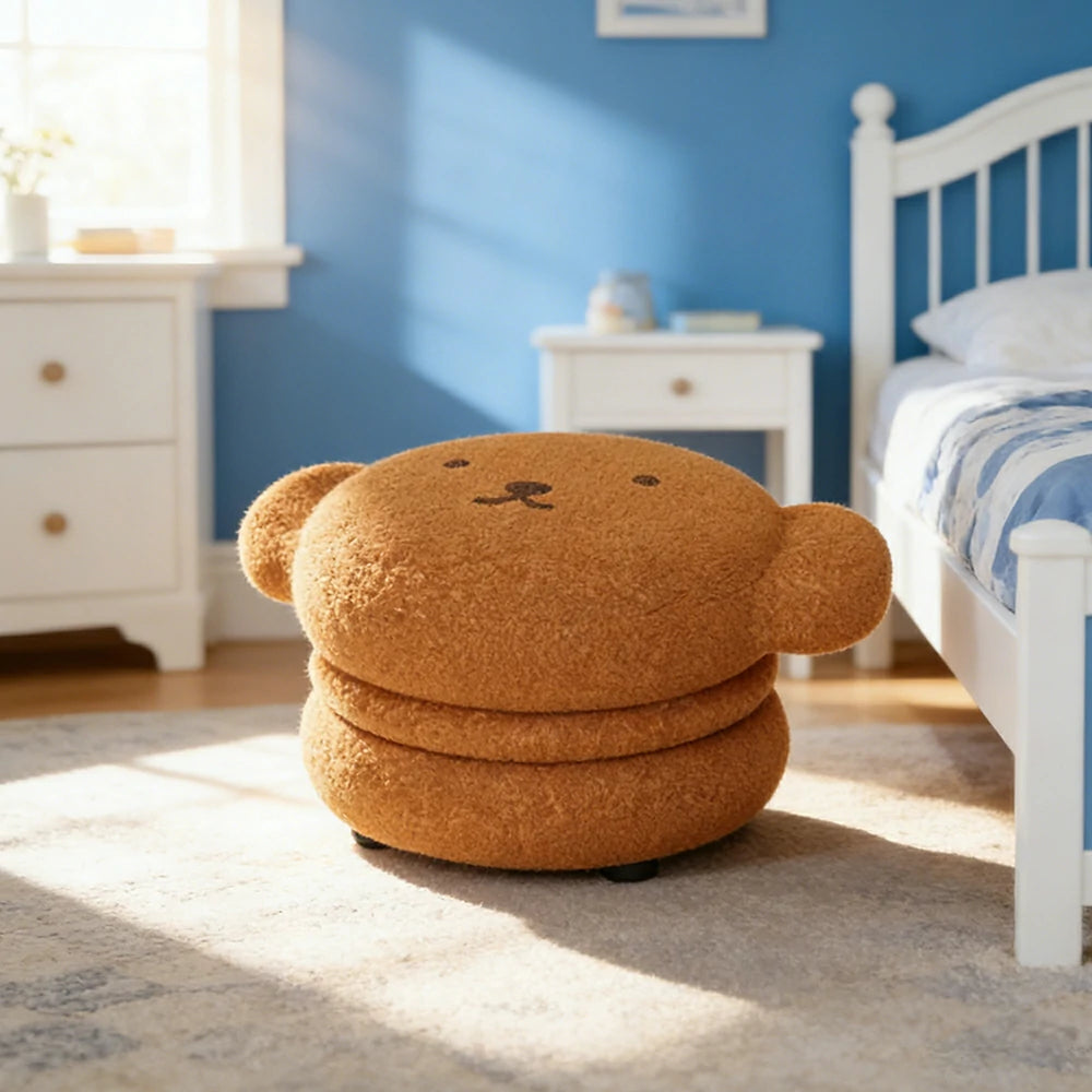 LIVARA Bear-Shaped Sherpa Upholstered Stool, High-Resilience Foam Cushion, Solid Wood Frame, Wide Comfort Seat