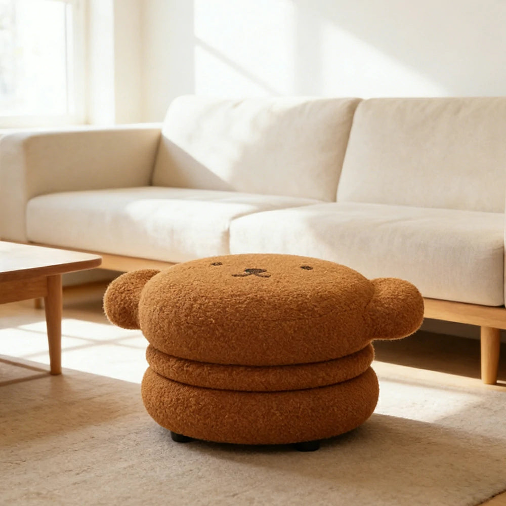 LIVARA Bear-Shaped Sherpa Upholstered Stool, High-Resilience Foam Cushion, Solid Wood Frame, Wide Comfort Seat