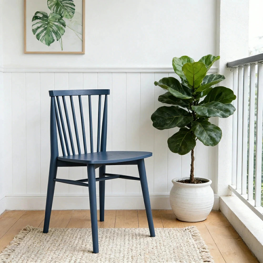 LIVARA Nordic Solid Wood Dining Chair - Ergonomic Slat Back with Reinforced Frame & Stable Legs, Minimalist Kitchen Seat - Blue
