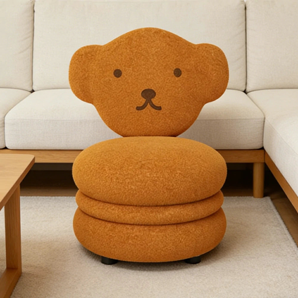 LIVARA Bear-Shaped Sherpa Upholstered Stool with Backrest, High-Resilience Foam Cushion, Solid Wood Frame, Wide Comfort Seat
