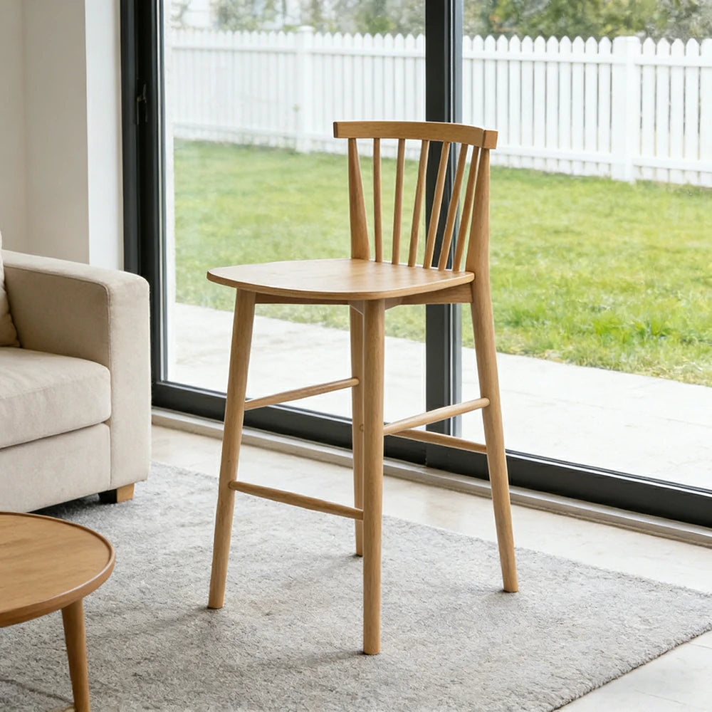 LIVARA Solid Wood Bar Stool - Ergonomic Slatted Backrest, Reinforced Crossbar Support, Durable Dining & Kitchen Seating - Natural
