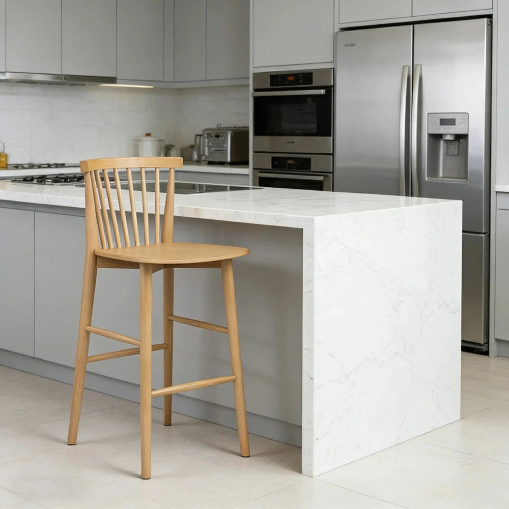 LIVARA Solid Wood Bar Stool - Ergonomic Slatted Backrest, Reinforced Crossbar Support, Durable Dining & Kitchen Seating - Natural